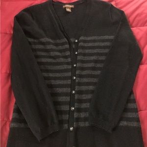 100% merino wool striped cardigan, black and gray, med